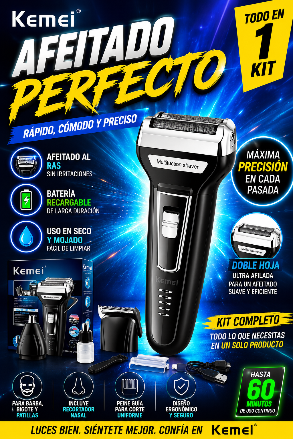 MAQUINA DE AFEITAR 3 EN 1 KEMEI